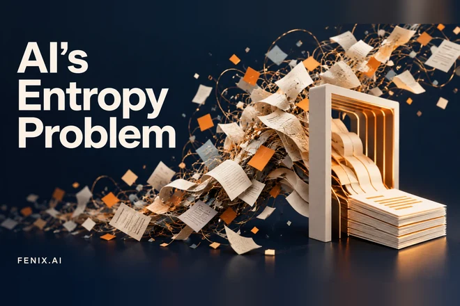 AI's Entropy Problem - a tangle of loose pages being sorted into an orderly stack